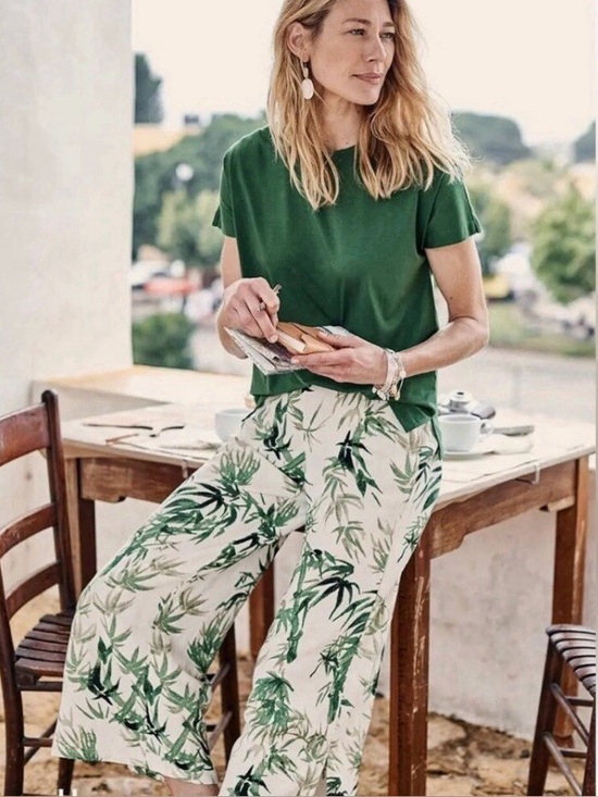 J. Jill Pants - J. Jill Barley Palm Print Linen-Blend Wide Leg Crop Pants Beige GreenLeaf SP NWT
